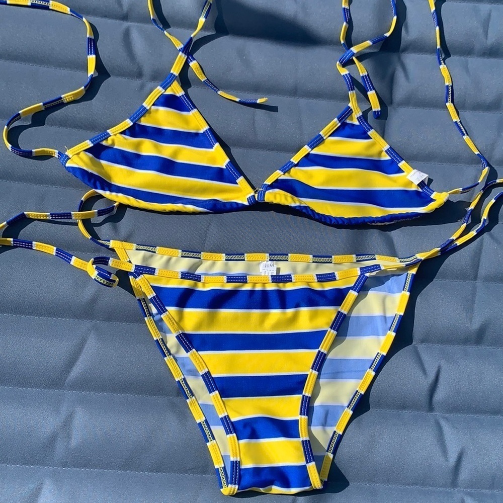 Blue & Yellow Striped String Bikini - Picture 4 of 7